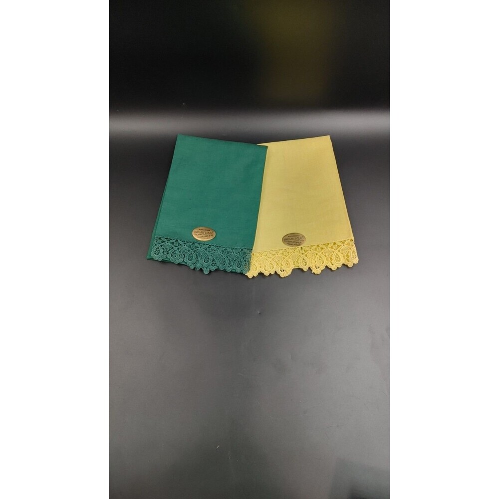 VTG New Mixed Pair 2 Indian Head Linen Napkins Green Yellow Lace Edge